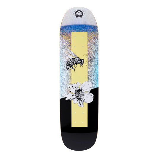 Welcome Adaptation On Son of Moontrimmer Skateboard Deck; Holographic background split with a black background; Features a drawn bee next to a flower; 