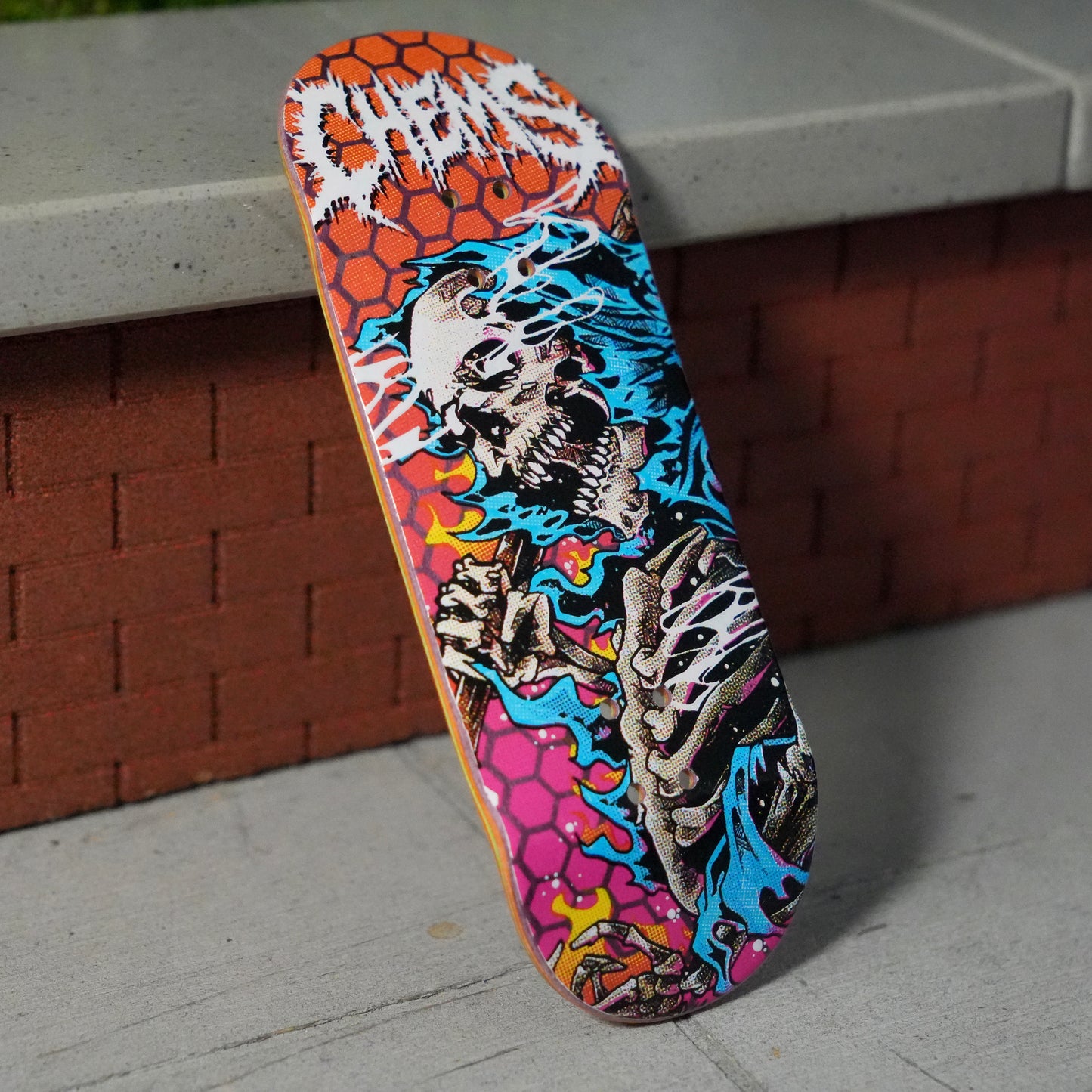 Chems 1 of 1 Blue “Fire Grim” Pink/Orange Fade Honeycomb (Purple Bottom Ply) Fingerboard Deck (34mm Mid-Pro Popsicle)