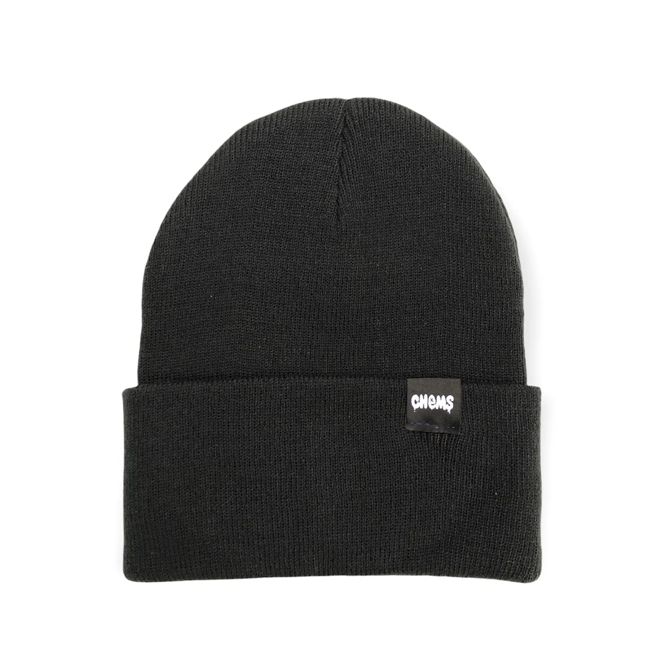 Black Chems Beanie; Stylish and comfortable gray beanie; Perfect for keeping warm in colder weather; Features the signature "CHEMS" branding for a distinctive look.