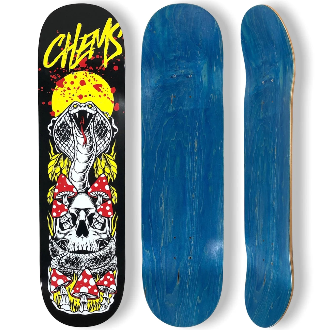 Chems Cobra Skateboard Deck; Black background with a yellow Chems logo at the top; Striking graphic featuring a cobra wrapped around a skull with mushrooms growing out of it; Eye-catching design for a unique and edgy aesthetic; Displays the blue stain on the top of the deck.