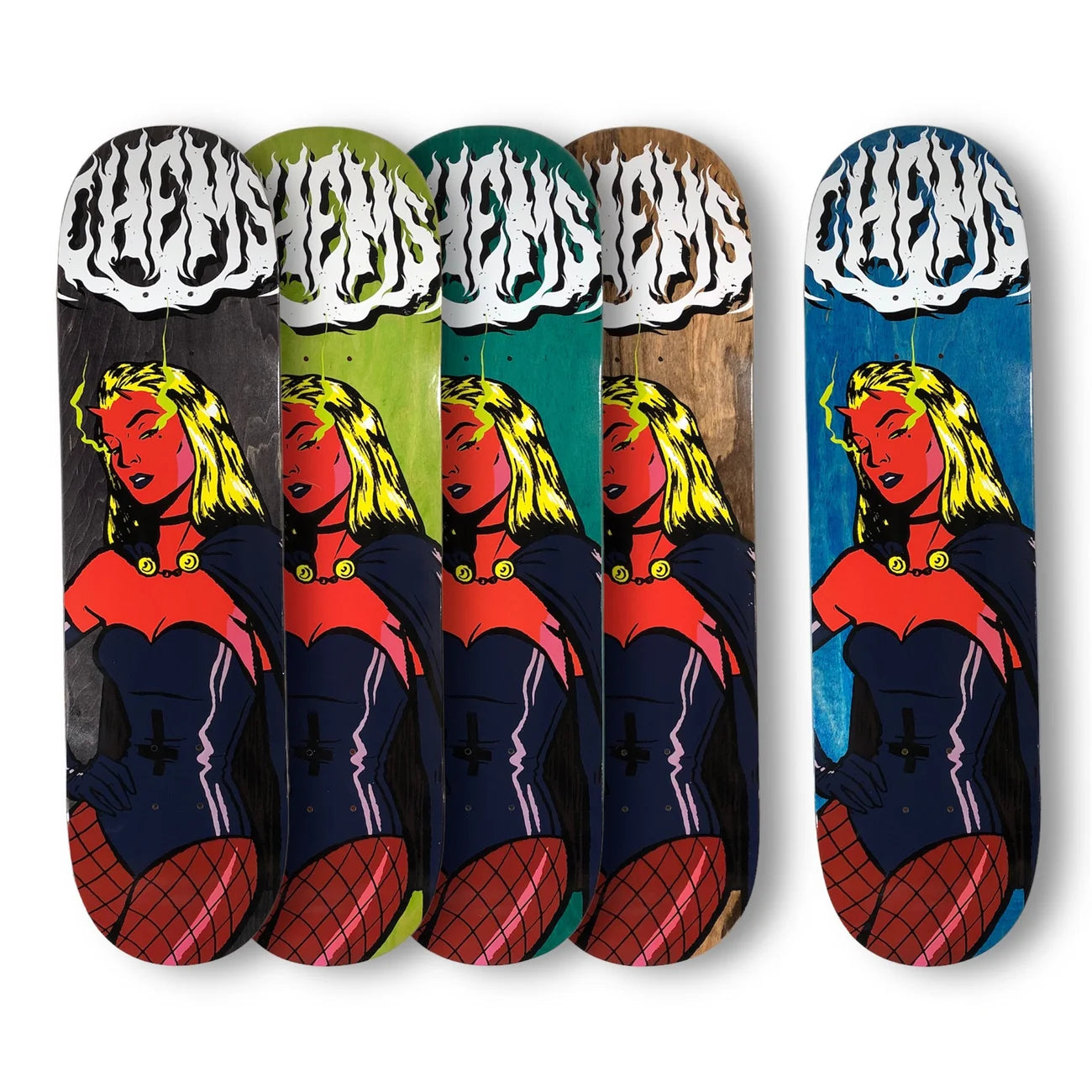 Chems Devil Girl Skateboard Deck; Features a white Chems logo at the top; Depicts a devil woman with blonde hair; Available in various background colors; Eye-catching and unique design for a bold and distinctive skateboard setup; Durable construction for reliable performance.