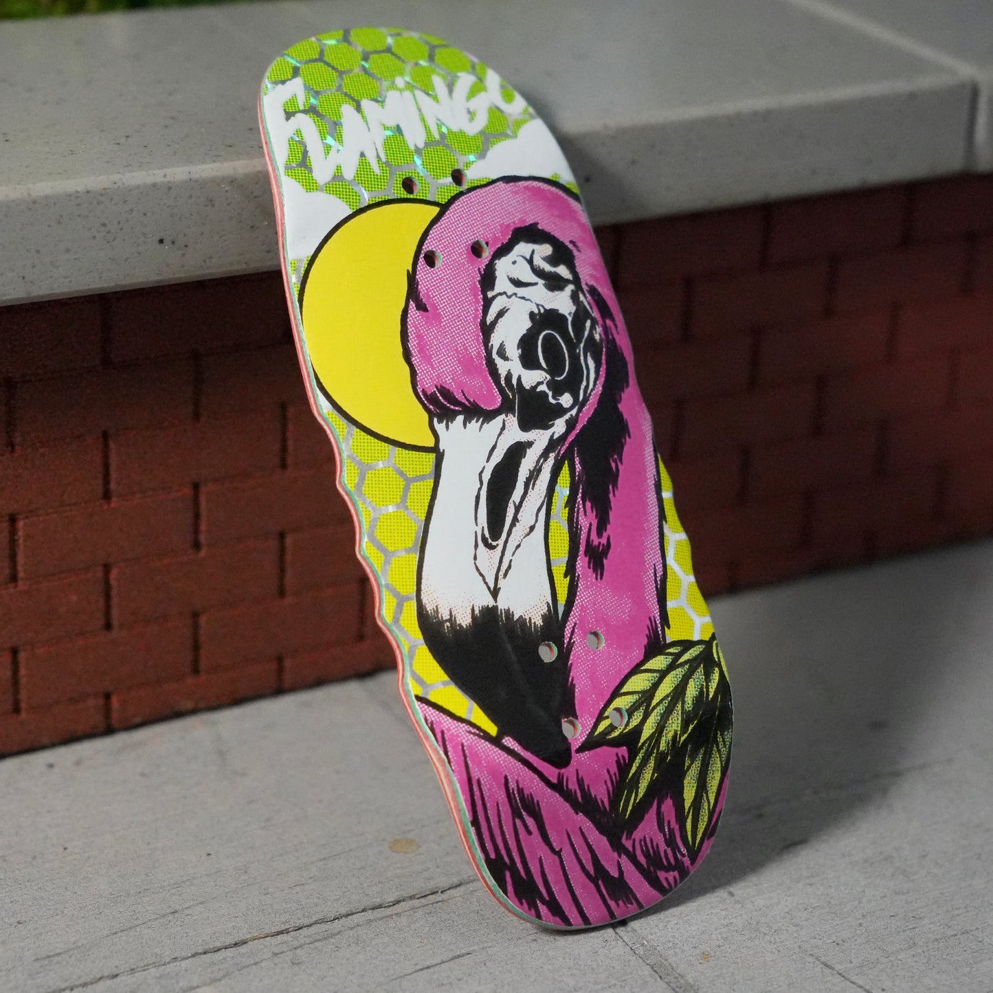 Chems 1 of 1 “Flamingo” Green/Yellow Fade with Silver Holo Foil Honeycomb (Green Bottom Ply) Fingerboard Deck (36mm Mid-Pro Devil Egg)