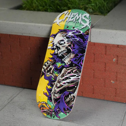 Chems “Purple Fire Grim” (Yellow/Green) Split Bottom Ply) Fingerboard Deck