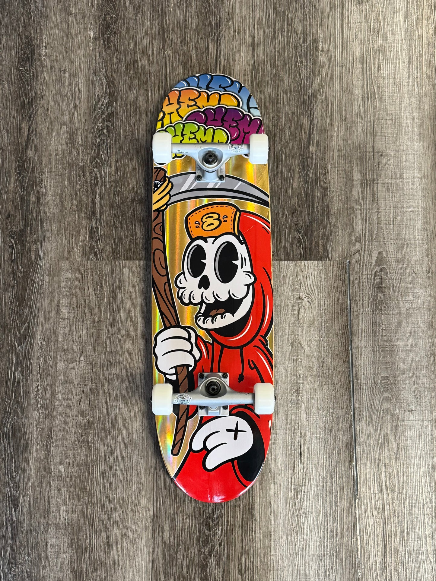 Chems Toon Grim Gold Egg Skateboard Complete 8.75"