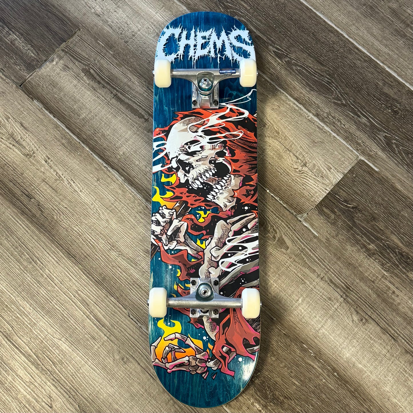 Chems Red Fire Grim Blue Stain 8.25" Skateboard Complete