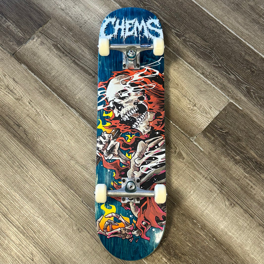 Chems Red Fire Grim Blue Stain 8.25" Skateboard Complete