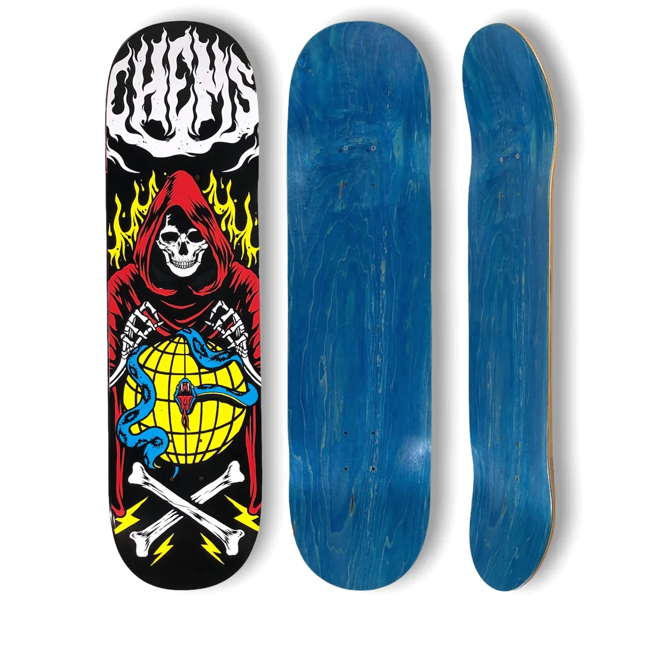 Chems Global Grim Skateboard Deck; Black background with a red grim reaper graphic; White Chems logo at the top and crossbones on the bottom; Bold and eye-catching design for a visually striking skateboard deck; Displays alternate angle from the top and side;