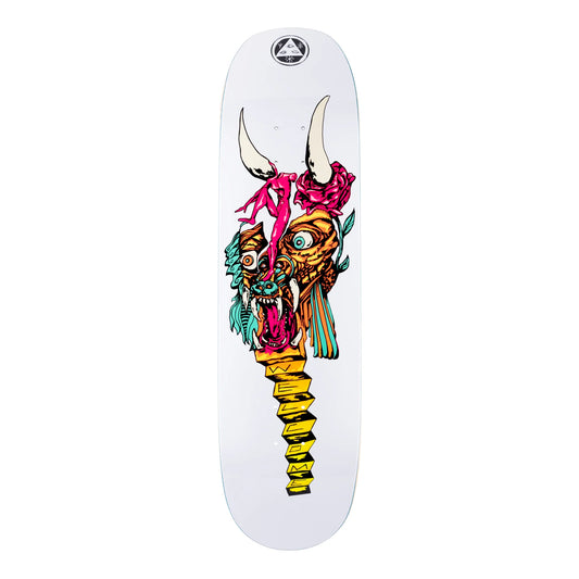 Welcome Beauty on Moontrimmer 2.0 Skateboard Deck; Destructured animal face; Horns; Rose; Human looking figure sitting on animal head; White; Pink; Yellow; Teal;