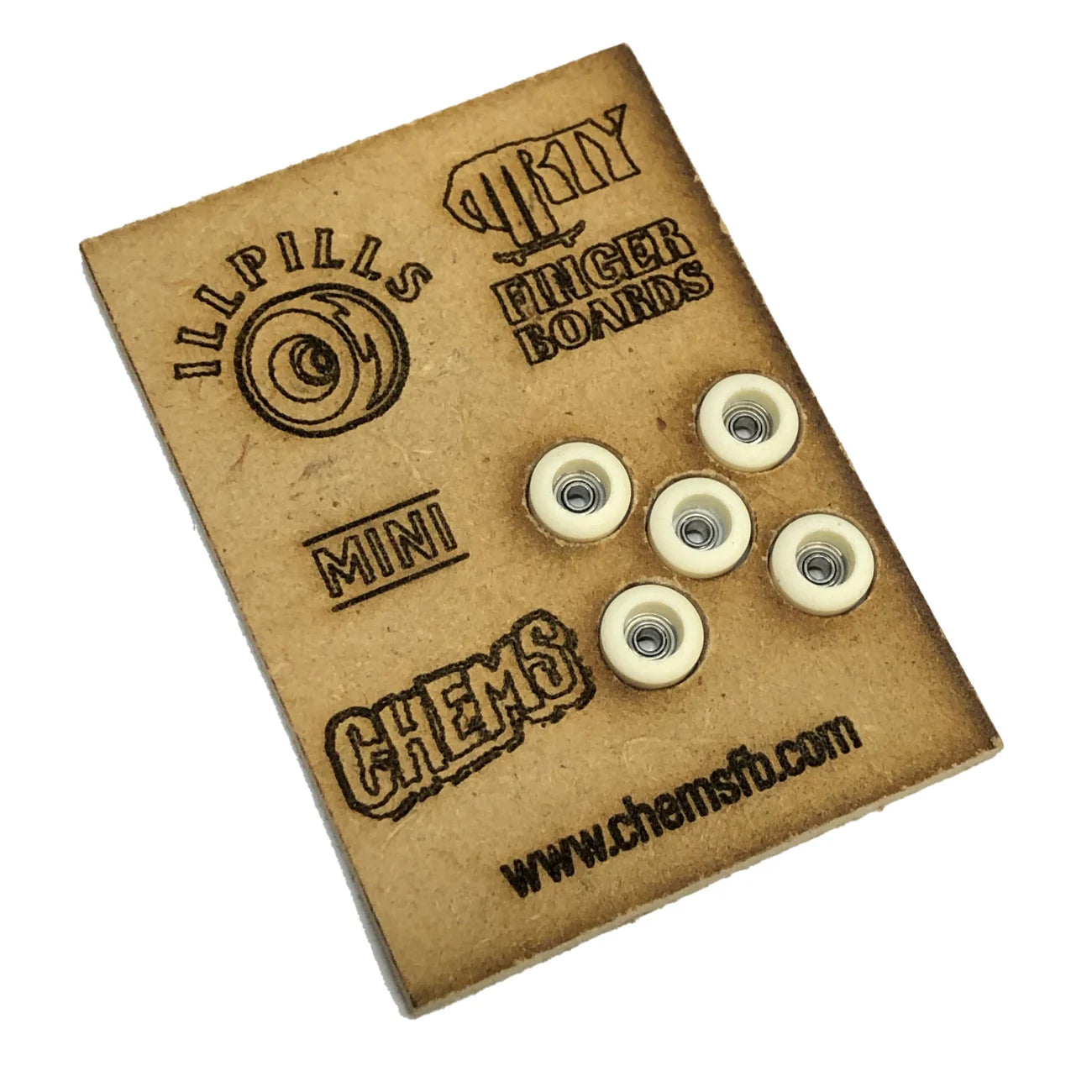ILLPILLS MINI Urethane Fingerboard Wheels; White-colored wheels displayed in a unique package designed to resemble a piece of wood; Package Engraved with Chems and ILLPILLS logos for added branding; Made from high-quality urethane material for smooth and reliable performance; Enhances fingerboarding experience with improved grip and durability.