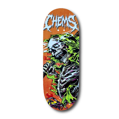 Chems Orange Background “Green Fire Grim” Fingerboard Deck