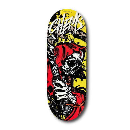 Chems Yellow/Green Splatter Background “Red Grim” Fingerboard Deck
