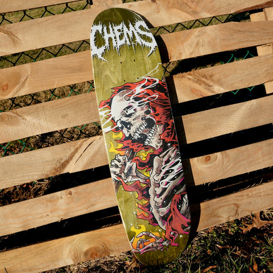 Chems Red Fire Grim 8.75" Egg Shaped Skateboard Deck (Olive Bottom Ply)
