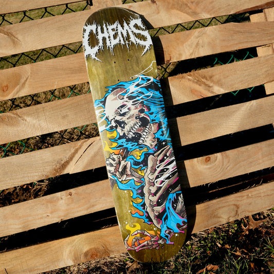 Chems Blue Fire Grim 8.25" Skateboard Deck (Olive Bottom Ply)