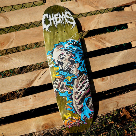 Chems Blue Fire Grim 8.75" Egg Shaped Skateboard Deck (Olive Bottom Ply)
