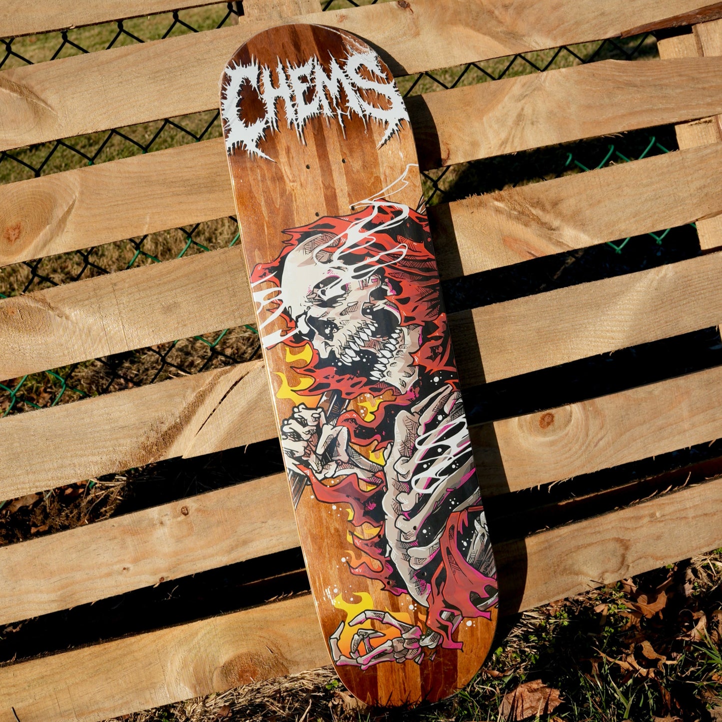 Chems Red Fire Grim 8.5" Skateboard Deck (Brown Bottom Ply)