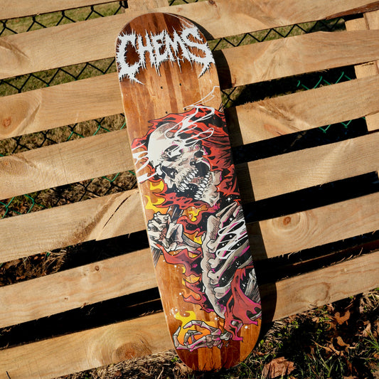 Chems Red Fire Grim 8.5" Skateboard Deck (Brown Bottom Ply)