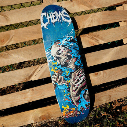 Chems Blue Fire Grim 8.75" Egg Shaped Skateboard Deck (Blue Bottom Ply)