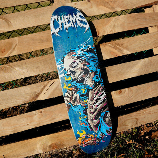 Chems Blue Fire Grim 8.75" Egg Shaped Skateboard Deck (Blue Bottom Ply)
