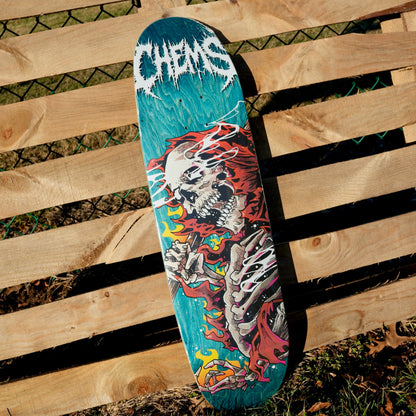 Chems Red Fire Grim 8.75" Egg Shaped Skateboard Deck (Blue Bottom Ply)