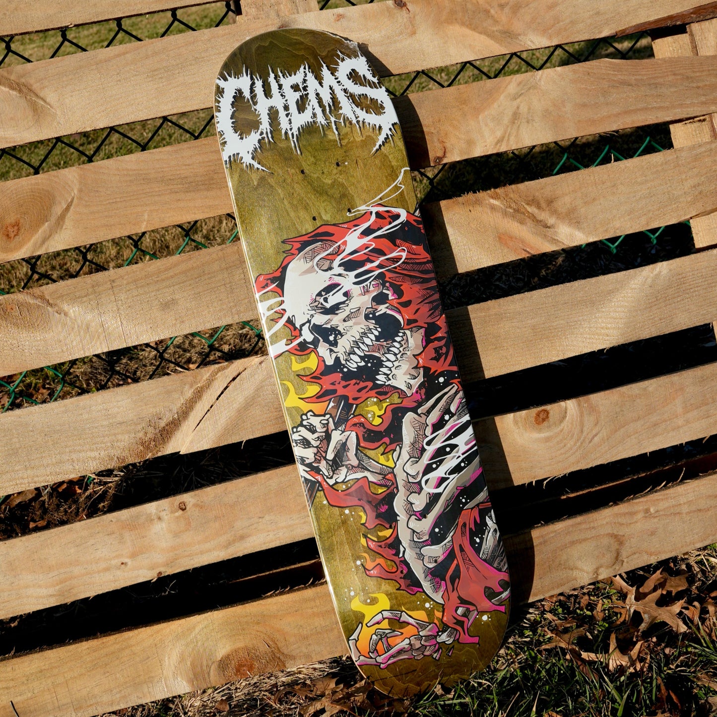 Chems Red Fire Grim 8.25" Skateboard Deck (Olive Bottom Ply)