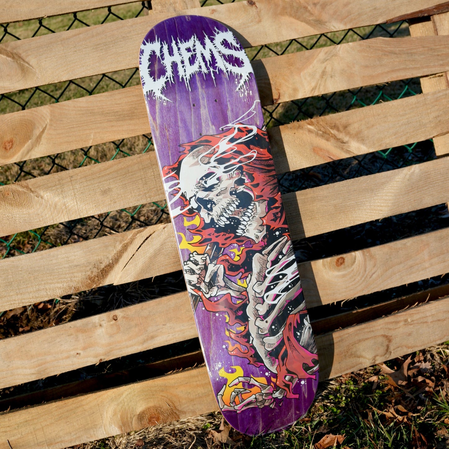Chems Red Fire Grim 8.25" Skateboard Deck (Purple Bottom Ply)