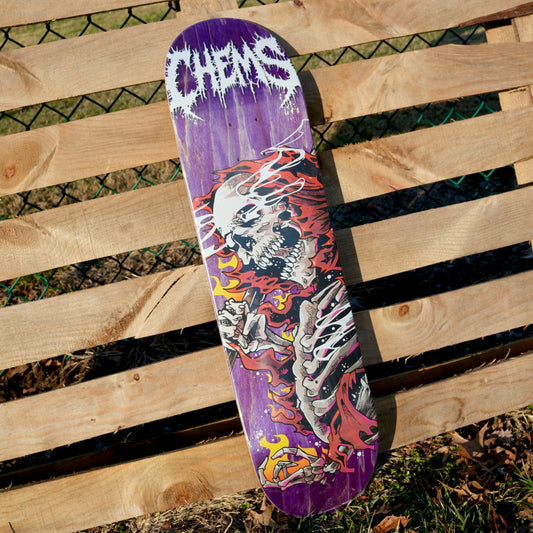 Chems Red Fire Grim 8.25" Skateboard Deck (Purple Bottom Ply)