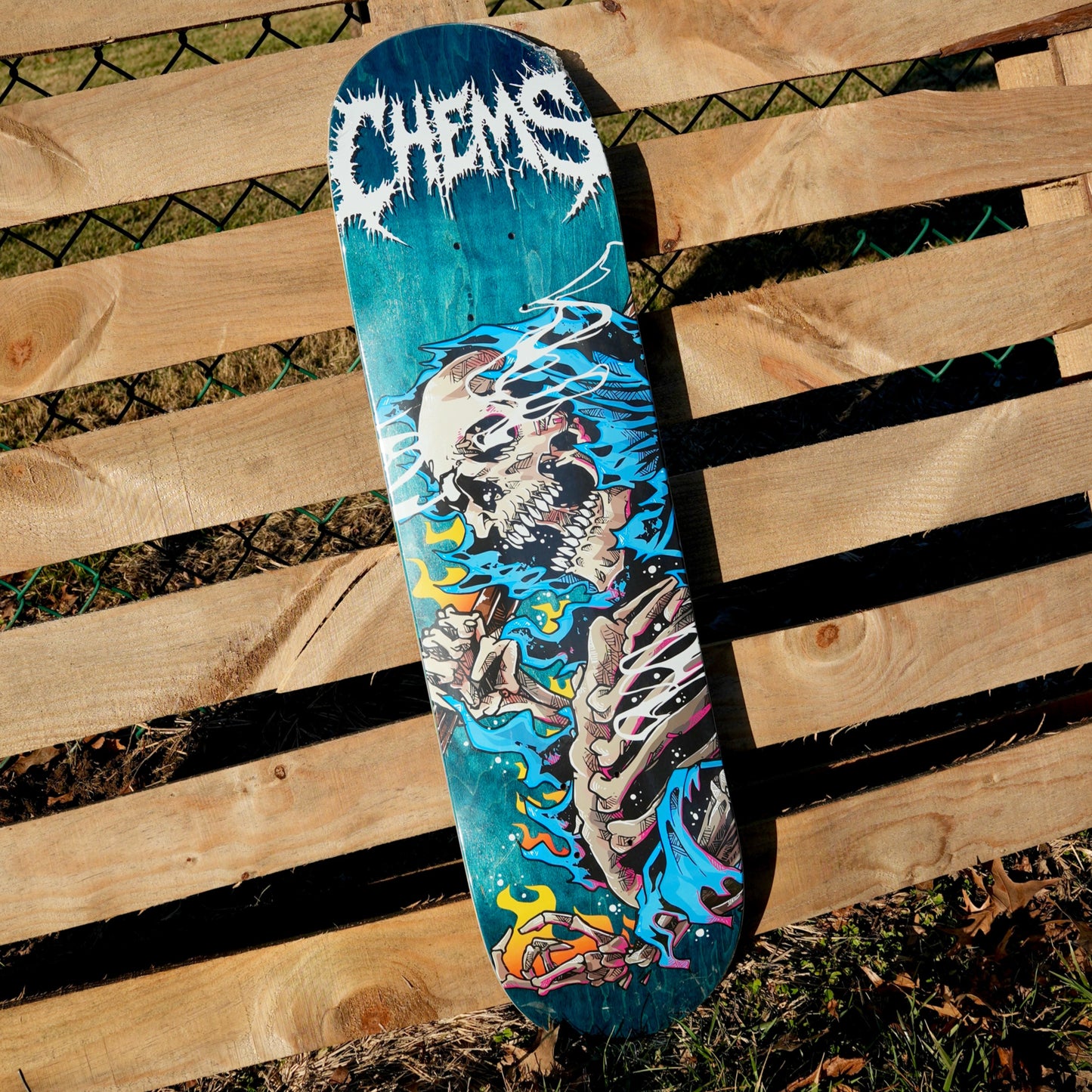 Chems Blue Fire Grim 8.25" Skateboard Deck (Blue Bottom Ply)