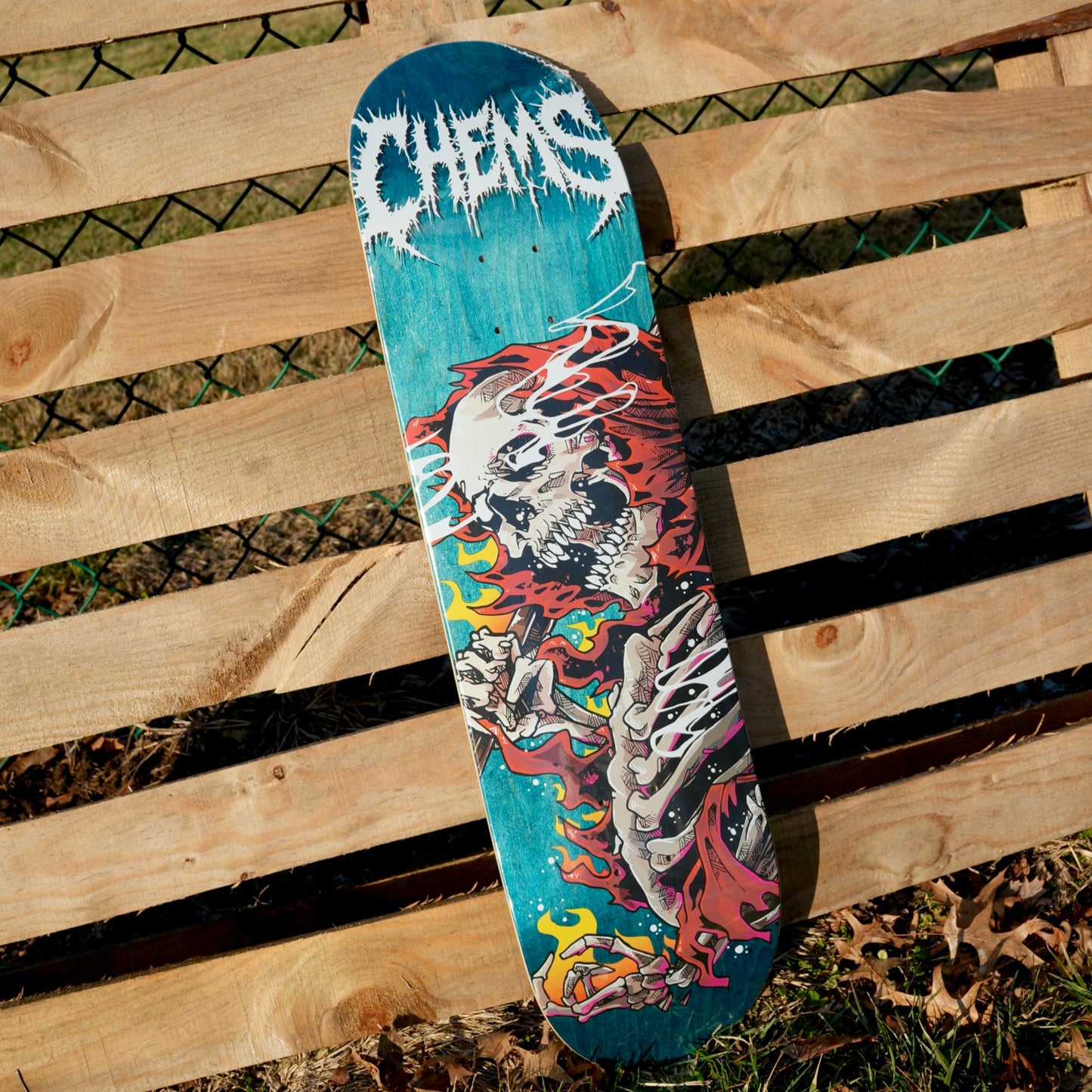Chems Red Fire Grim 8.125" Skateboard Deck (Blue Bottom Ply)