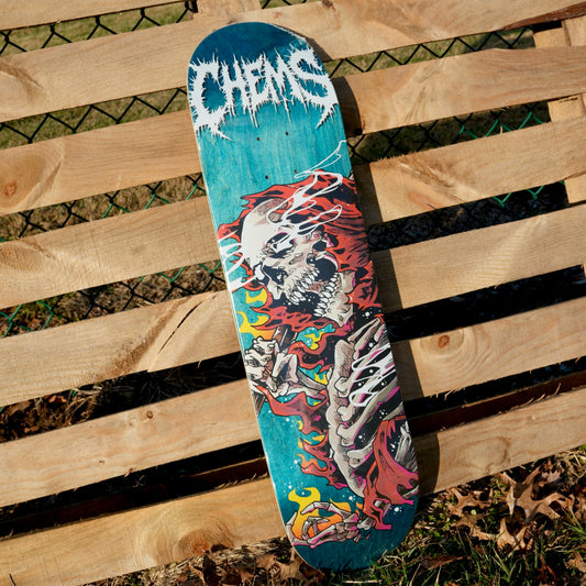 Chems Red Fire Grim 8.25" Skateboard Deck (Blue Bottom Ply)