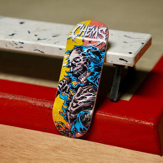 Chems “Blue Fire Grim” (Yellow/Pink) Split Bottom Ply) Fingerboard Deck