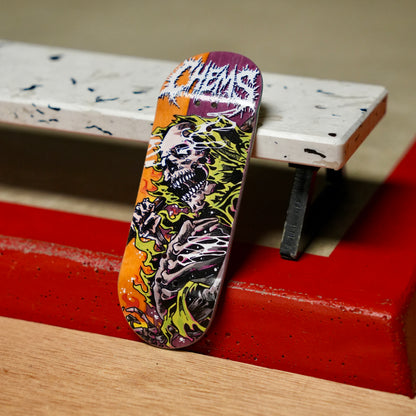 Chems “Green Fire Grim” (Orange/Purple) Split Bottom Ply) Fingerboard Deck