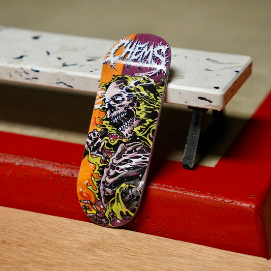 Chems “Green Fire Grim” (Orange/Purple) Split Bottom Ply) Fingerboard Deck