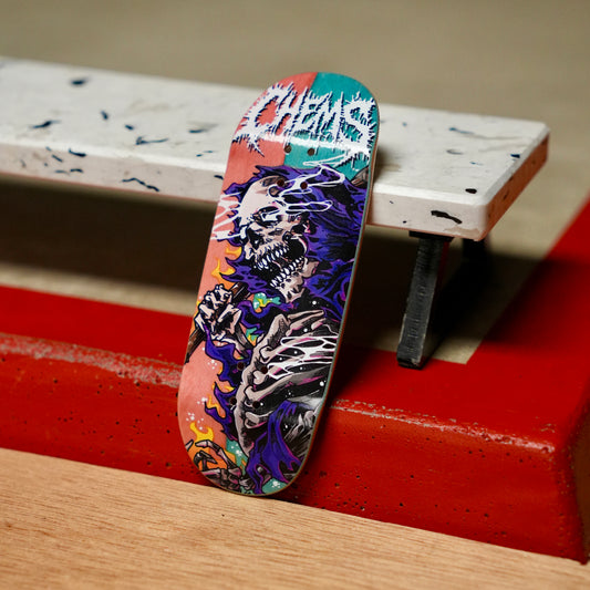 Chems “Purple Fire Grim” (Pink/Blue) Split Bottom Ply) Fingerboard Deck