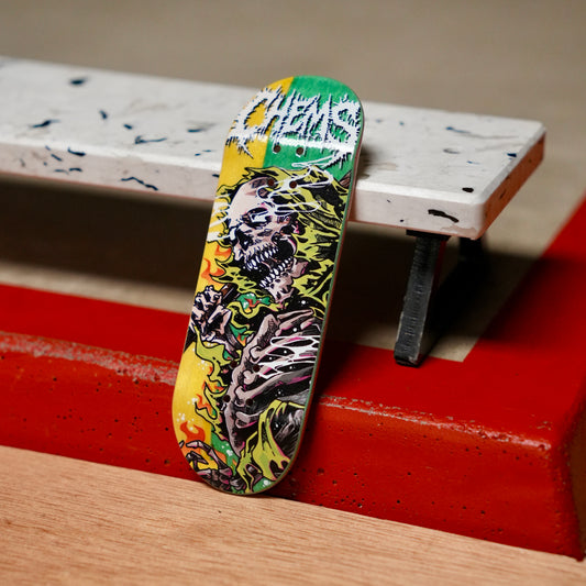 Chems “Green Fire Grim” (Yellow/Green) Split Bottom Ply) Fingerboard Deck