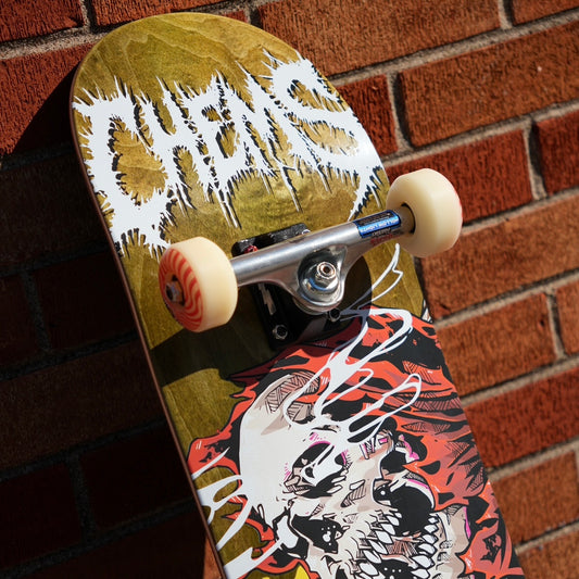 Chems Red Fire Grim (Olive Green Stain) 8.25" Skateboard Complete
