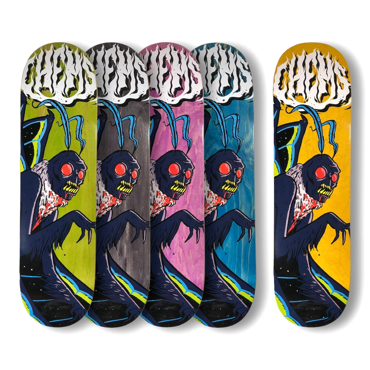 Chems Mothman Skateboard Deck; Available in various background colors; Features a white Chems logo at the top; Depicts a captivating Mothman creature with intense red eyes; Striking design for an eye-catching and unique skateboard deck; Durable construction for reliable performance and longevity.