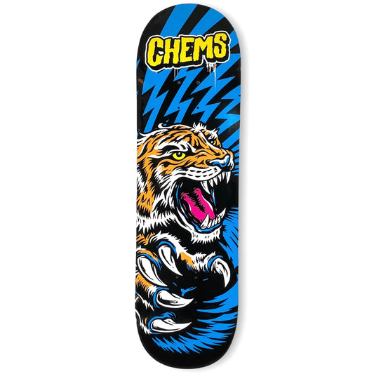 Chems Tiger Skateboard Deck; Striking graphic featuring an attacking tiger; Blue and black lightning background adds a dynamic touch; Durable construction for reliable performance during skateboarding sessions;