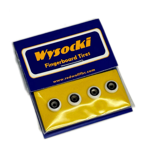 Wysocki Fingerboard Wheels; Blue and yellow packaging with a clear portion for visibility; White wheels with black accent for a stylish look; Crafted for smooth and consistent performance during fingerboarding; 