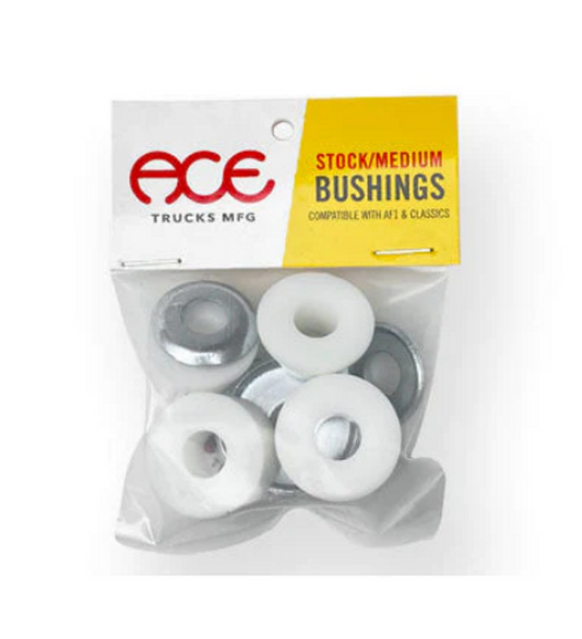 Ace Trucks White Medium Skateboard Bushings Package; Includes a set of medium durometer bushings; White color for a clean and classic look; Clear packaging displays the bushings for easy visibility;
