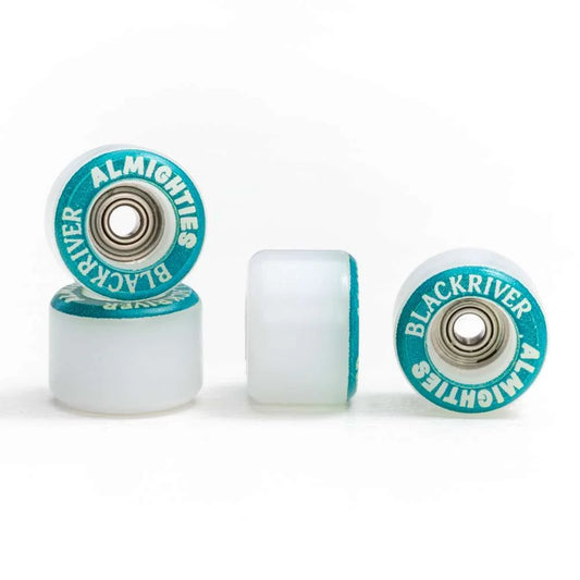 White Blackriver Fingerboard wheels; Teal side print with 'Blackriver Almighties' text; High-quality fingerboard wheels for smooth rides; Stylish design with contrasting colors.