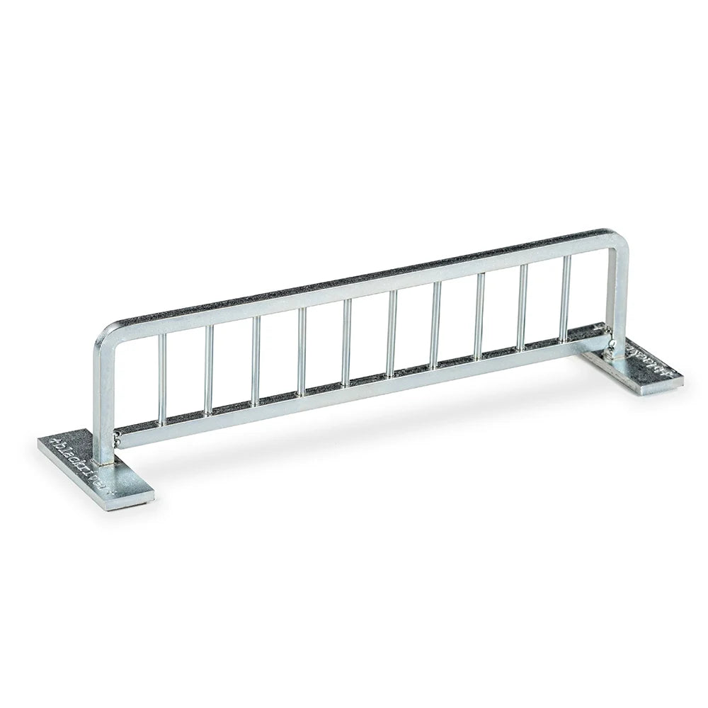 Silver Blackriver Iron Rail fingerboard obstacle;  Realistic replication of a bike rack for added authenticity; Sturdy and durable construction; Enhances fingerboard sessions with a unique and challenging obstacle.