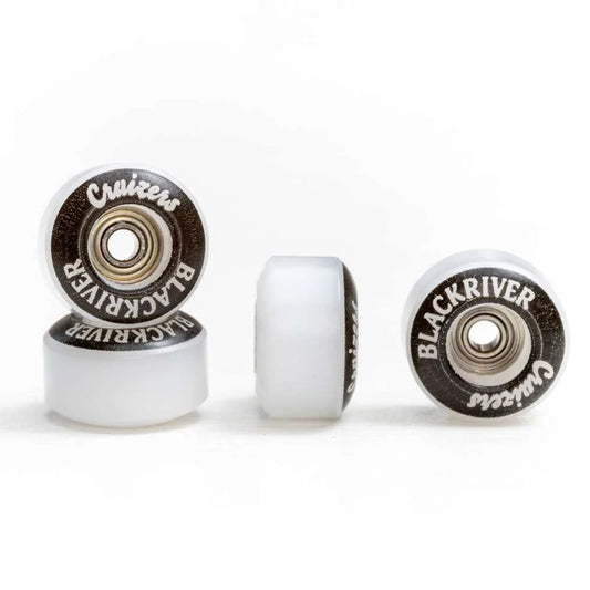 White Blackriver Cruizers Fingerboard wheels; Black side print with white 'Blackriver Cruizers' text; Smooth-rolling and durable fingerboard wheels; Stylish design with contrasting colors; Enhances fingerboard performance and aesthetics.