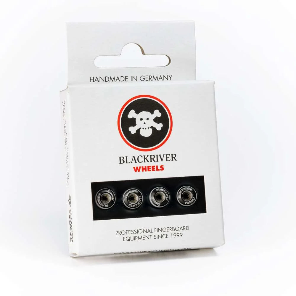 Blackriver Fingerboard wheels package; White packaging with a skull and crossbones logo; Clear portion showcases the wheels; High-quality fingerboard wheels for smooth rides; Eye-catching packaging design.