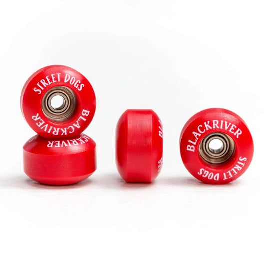 Blackriver Street Dogs Fingerboard Wheels; Red wheels with white "Blackriver Street Dogs" text on the side; Smooth-rolling and grippy fingerboard wheels for optimal performance;