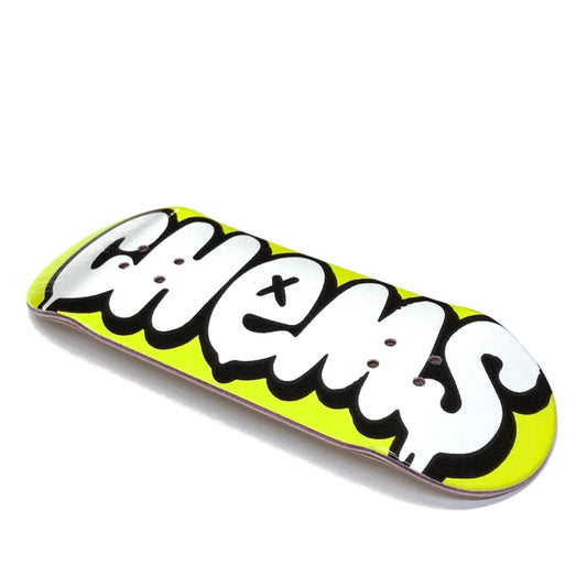 Chems Bubbles Fingerboard Deck; Neon yellow deck with white "CHEMS" in bubble letters on the bottom; Eye-catching and vibrant design for a standout look; Durable construction ensures long-lasting performance.