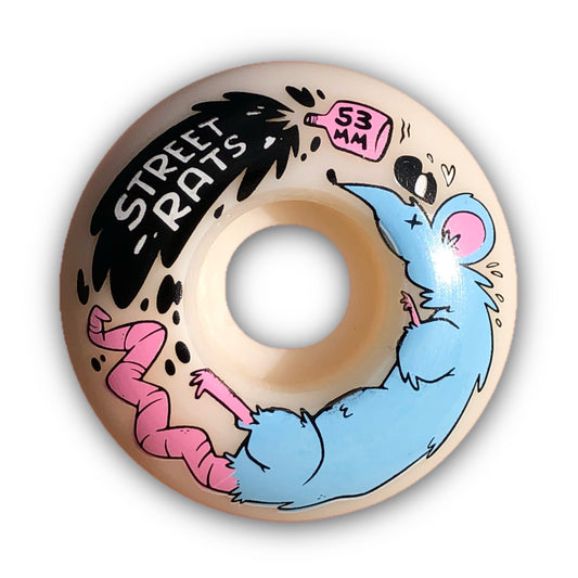 Street Rats Skateboard Wheels; White urethane construction for smooth performance; Features a blue and pink rat with a spilled vial graphic; Provides excellent grip and durability for street skateboarding; Eye-catching design for a unique and edgy look on your skateboard.