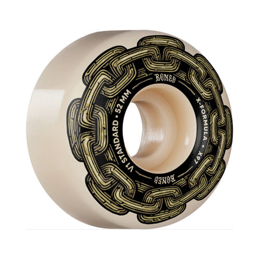Bones X-Formula Gold Chain V1 Skateboard Wheels; White wheels with a stylish side graphic of a gold chain; Durable construction for reliable performance and longevity; X-Formula provides excellent speed, grip, and slide characteristics;
