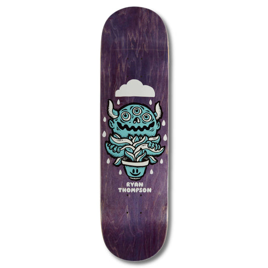 Roger Skate Co. Ryan Thompson Water Spirit Skateboard Deck; Purple background with illustrated blue and white graphic featuring three-eyed horned creature and a potted plant; graphic also features white cloud and raindrops; white text below graphic spells out “Ryan Thompson”