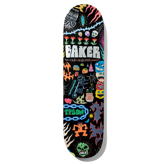 Baker Tyson Another Thing Coming Skateboard Deck; Black background; White lettering spells out “Baker”; All over graphic of various muticolored illustrations featuring faces, flames, hearts, chains, buildings, pottery, abstract shapes, and other illustrations; Green lettering spells out “Tyson”