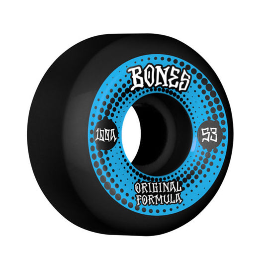 Bones 100s OG Originals V5 Skateboard Wheels; Black wheels with a blue side print featuring the Bones logo; Original formula for reliable performance; Durable construction for optimal speed, grip, and slide;